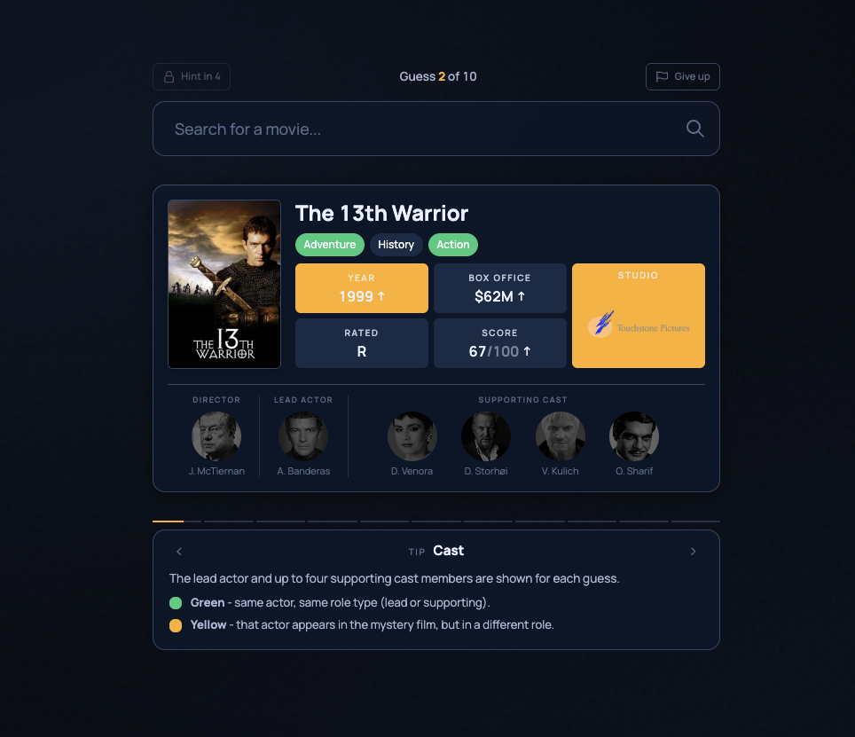 Example Spotle Movie guess for The 13th Warrior, showing movie attributes and cast feedback.
